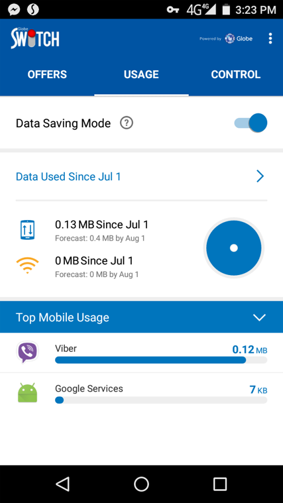 –Globe Switch has three main functions: OFFERS for the latest app deals, USAGE to check your mobile data consumption and CONTROL to monitor the mobile data consumption of your apps